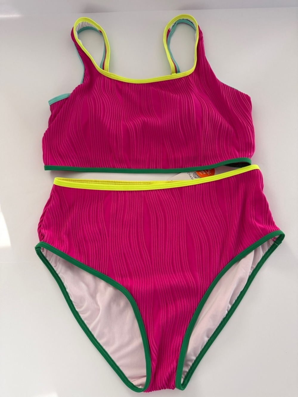 CHARMO || Neon Pink Ribbed High-Waist Bikini Set with Contrast Trim. Sz. XL - Picture 6 of 16